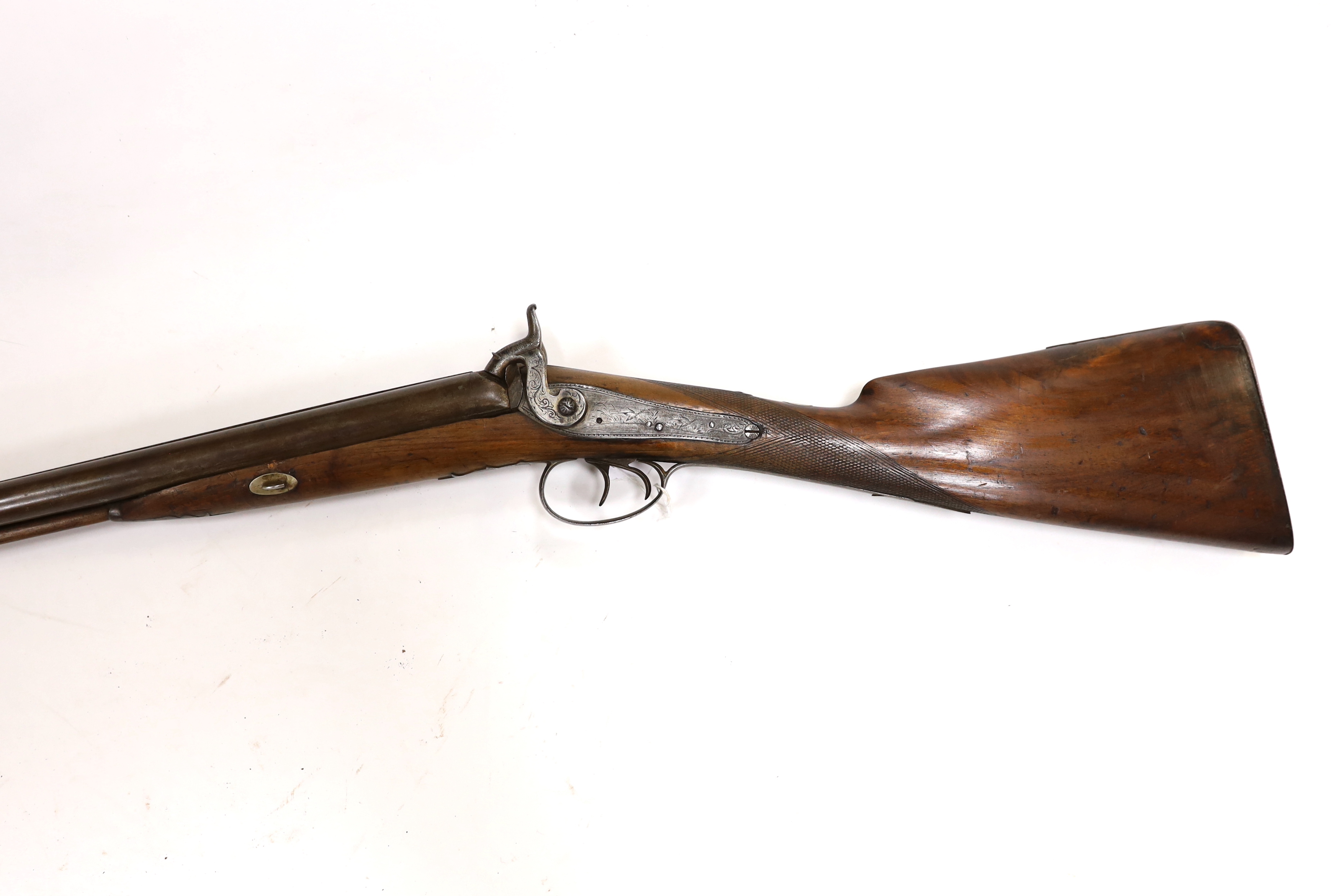 A 14 bore double-barrelled, side-by-side muzzle loading percussion shotgun, back action locks, circa 1850, barrel 77.5cm